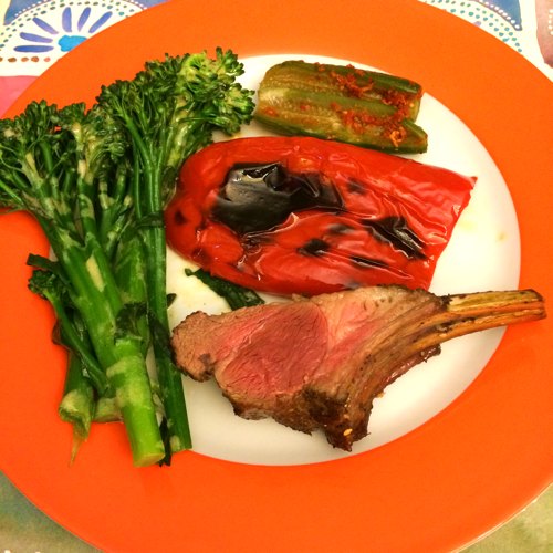 Broccolini served with grilled lamb chop, roast bell peppers and my homemade baby cue kimchi
