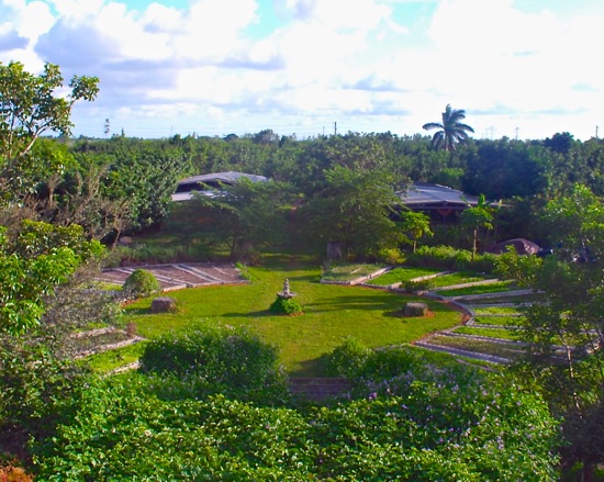 Aerial view of circle with fountain in the middle according to ancient Feng Shui practice. Photo credit: Paradise Farm. 