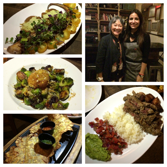 Loba, clockwise: Jessica and moi. Patacon, a whopping dish with rib eye steak, durac pork belly, rice, guac, pico de galo, chimchurri; crispy brussel sprouts; a salad. All delicious home cooking.
