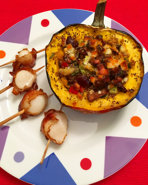 Stuffed Squash go with anything! Yummy with these bacon wrapped scallops. 
