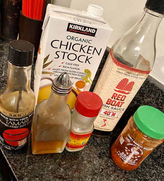 Seasonings from your KIT. Tamari, Sherry, Pepper. Add chili & fish sauce.